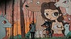La artista Nana posa, junto a su perra Montana, frente a su obra 'Incendios nas Fragas do Eume' (2012) en Ordes.