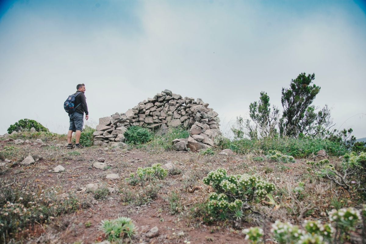 Un caminante junto a una tagora en el parque rural de Teno, Tenerife. Un caminante junto a una tagora en el parque rural de Teno, Tenerife.