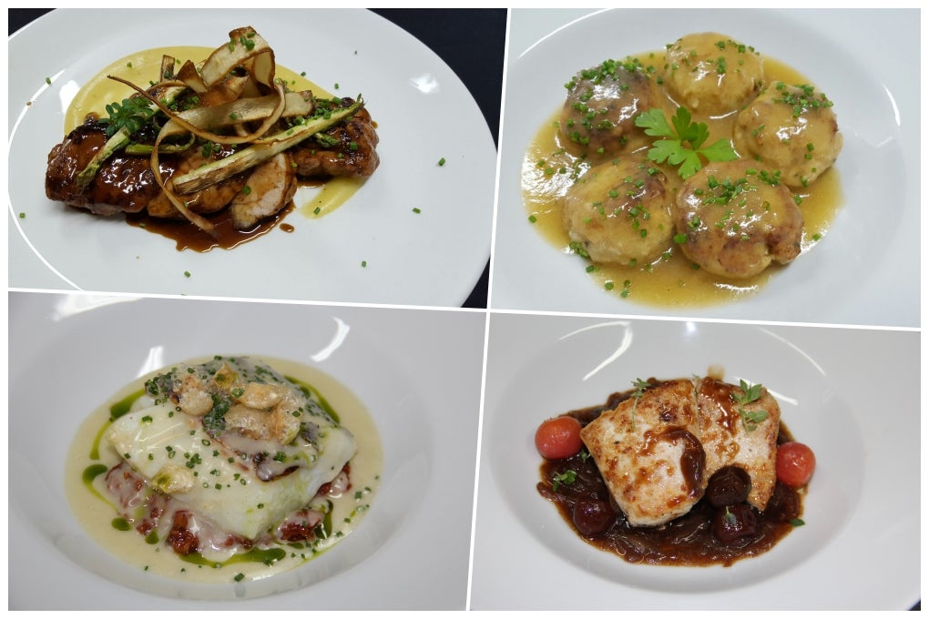 Mollejas de Tudanca al oloroso, albóndigas de merluza y langostinos, bacalao con pisto de centolla y bonito con teriyaki. Mollejas de Tudanca al oloroso, albóndigas de merluza y langostinos, bacalao con pisto de centolla y bonito con teriyaki.