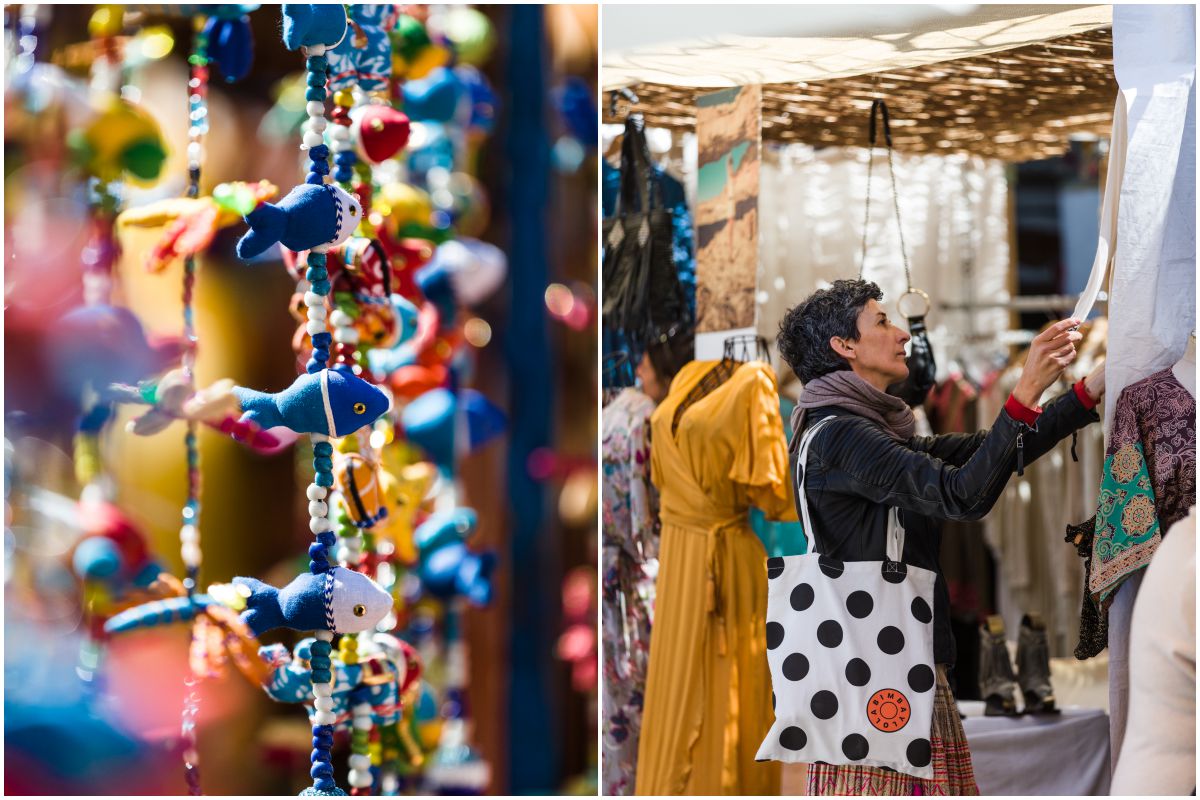 Detalle de colgantes de tela y una chica mirando un puesto del mercadillo de Las Dalias, Ibiza. Detalle de colgantes de tela y una chica mirando un puesto del mercadillo de Las Dalias, Ibiza.