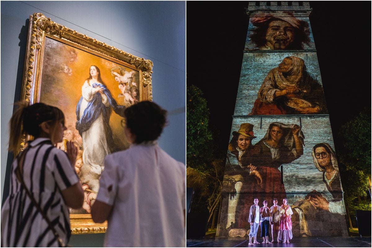 Unas visitantes observan una Inmaculada de Murillo, en el Museo de Bellas Artes de Sevilla y proyecciones de los pícaros de los cuadros del pintor sobre la Torre de Don Fadrique, en Sevilla.