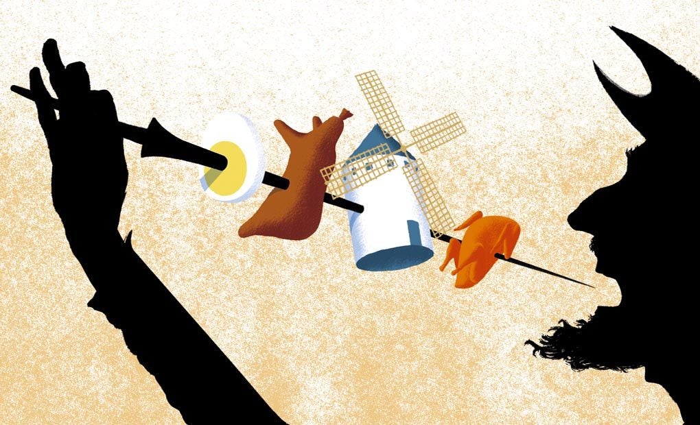 Ilustración de El Quijote  comiéndose un pincho. Ilustración: Pepe Medina.