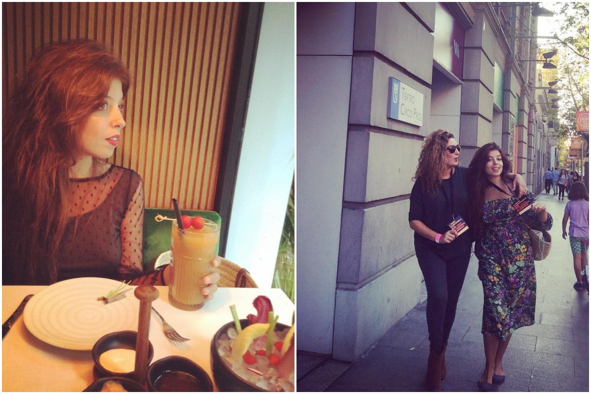 Tomando un cóctel en Amazónico, Madrid, y junto a su hermana en la entrada al Teatro Circo Price, también en Madrid. Fotos: Instagram Tomando un cóctel en Amazónico, Madrid, y junto a su hermana en la entrada al Teatro Circo Price, también en Madrid. Fotos: Instagram